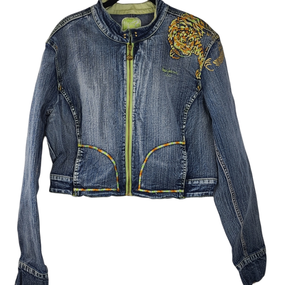 SALE Vintage PePe Jeans London Embroidered Denim Jacket Crop Women's 2XL